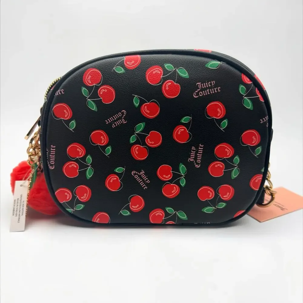 Juicy Couture Cherry Crossbody Bag NWT Black Cherry Print Gold Chain Pom Charm
